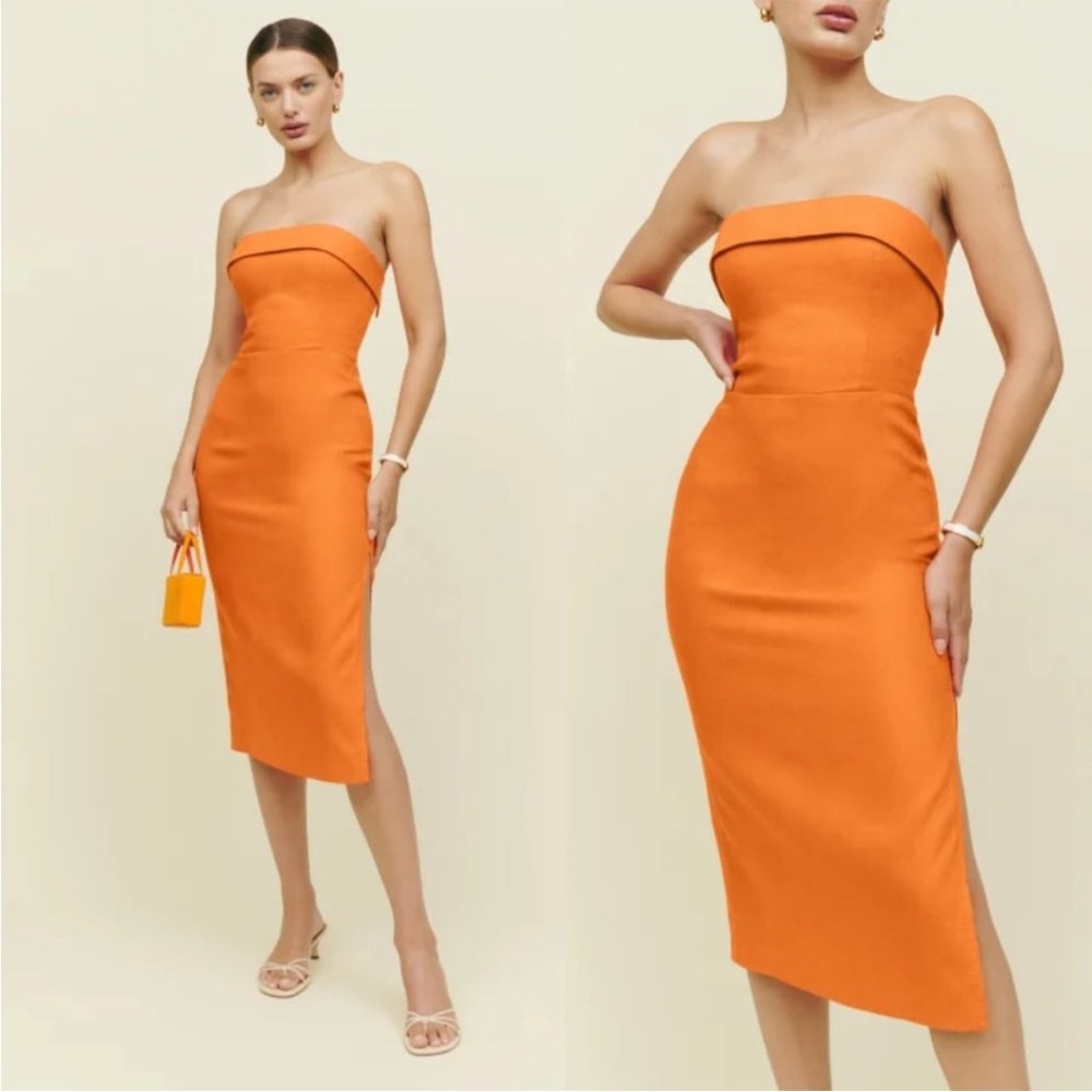 REFORMATION 100% Linen Orange Strapless Marcella Midi Dress w/ Slit 0 - Picture 4 of 15